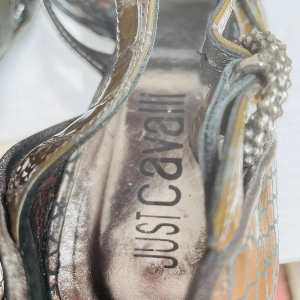 Just Cavalli Olive Green Embossed Leather Strappy Stiletto Sandals EU 37 US 6.5